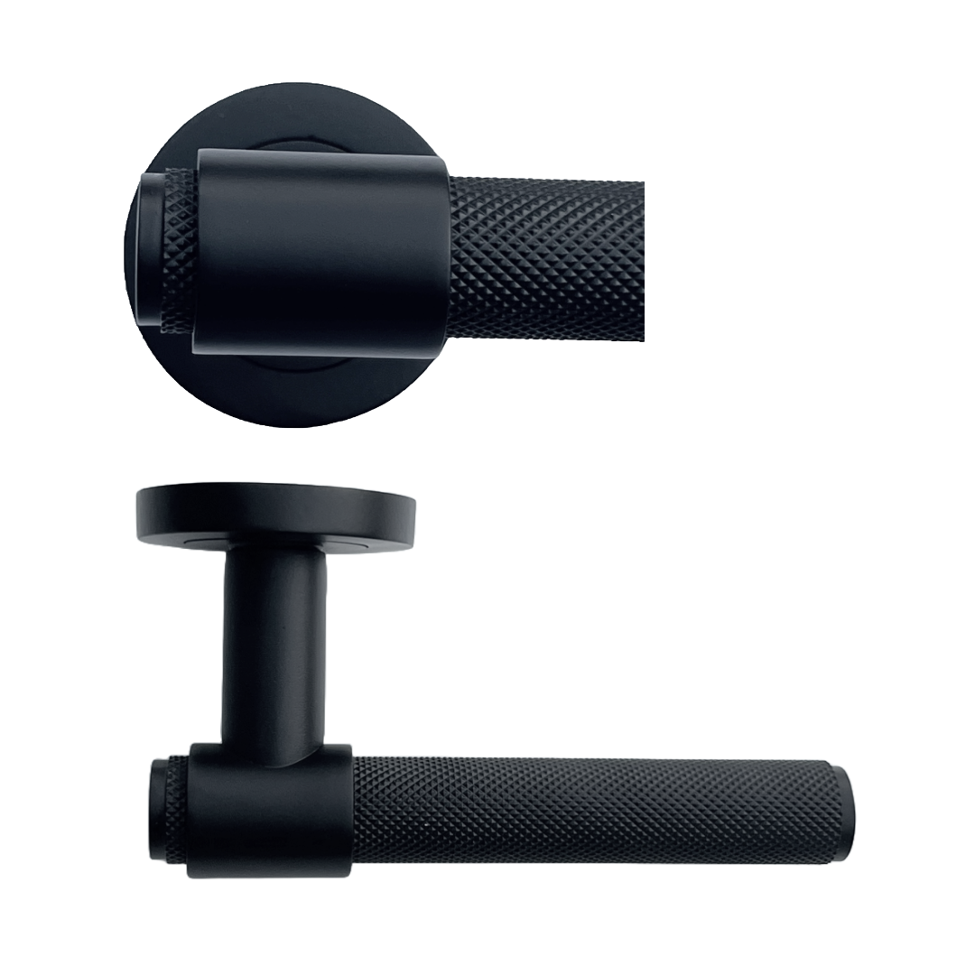 Knurled Door Handles Matt Black Loop & Neck Lever on Round Rose Latch Handle Luxe