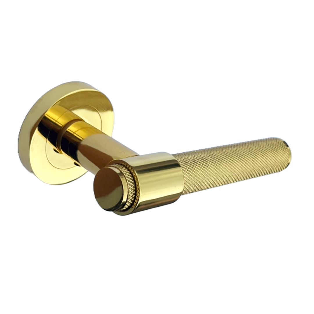 Knurled Door Handles Polished Brass Loop & Neck Lever on Round Rose Latch Handle Luxe