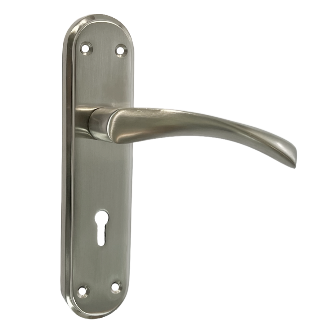 Genova Door Handles Satin Twist Lever Lock on Modern Marina Backplate