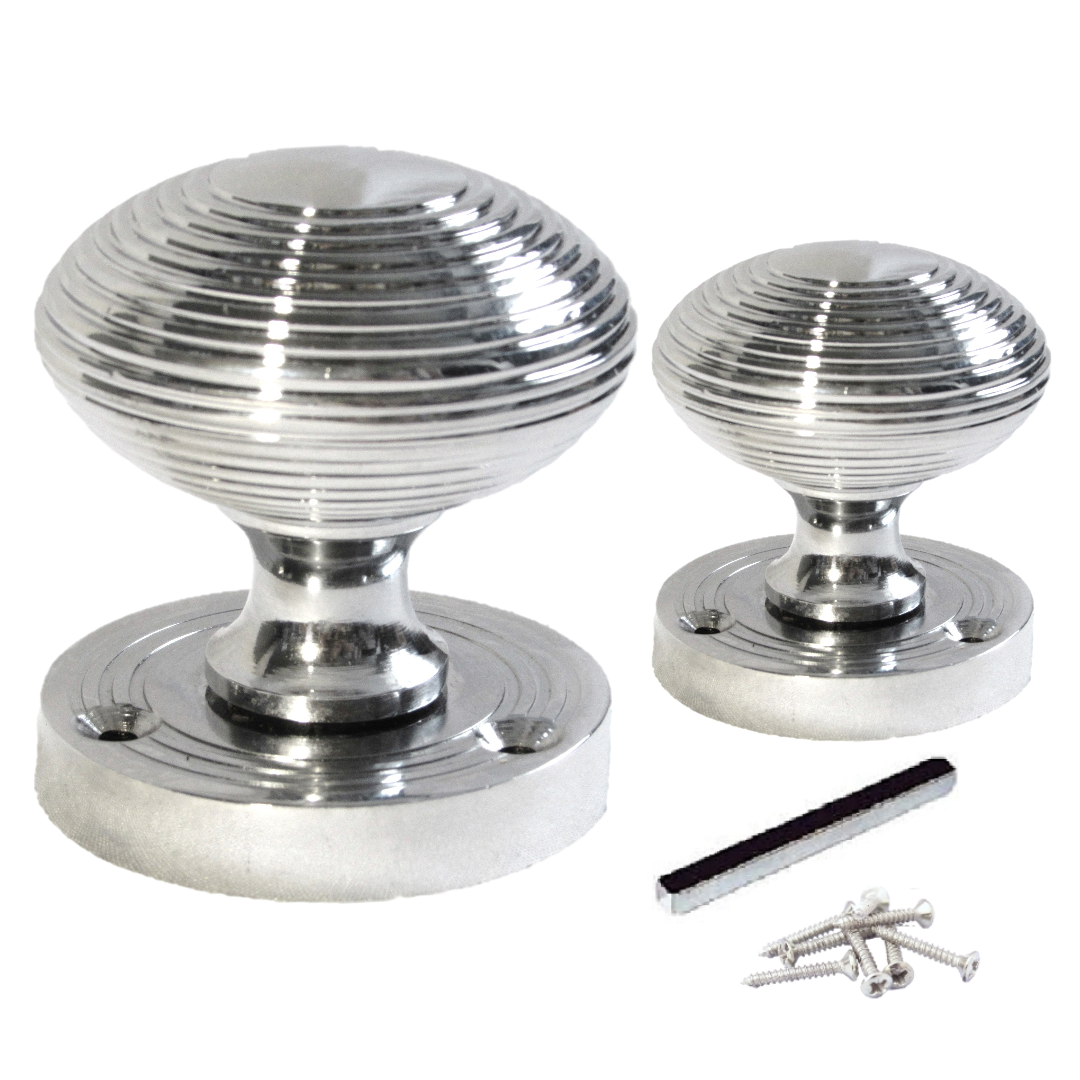 Boutons de porte ronds cannelés à mortaise - Chrome poli 56 mm