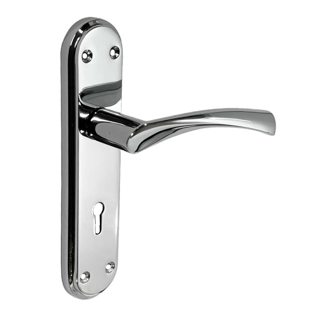 Genova Door Handles Polished Chrome Twist Lever Lock on Modern Marina Backplate