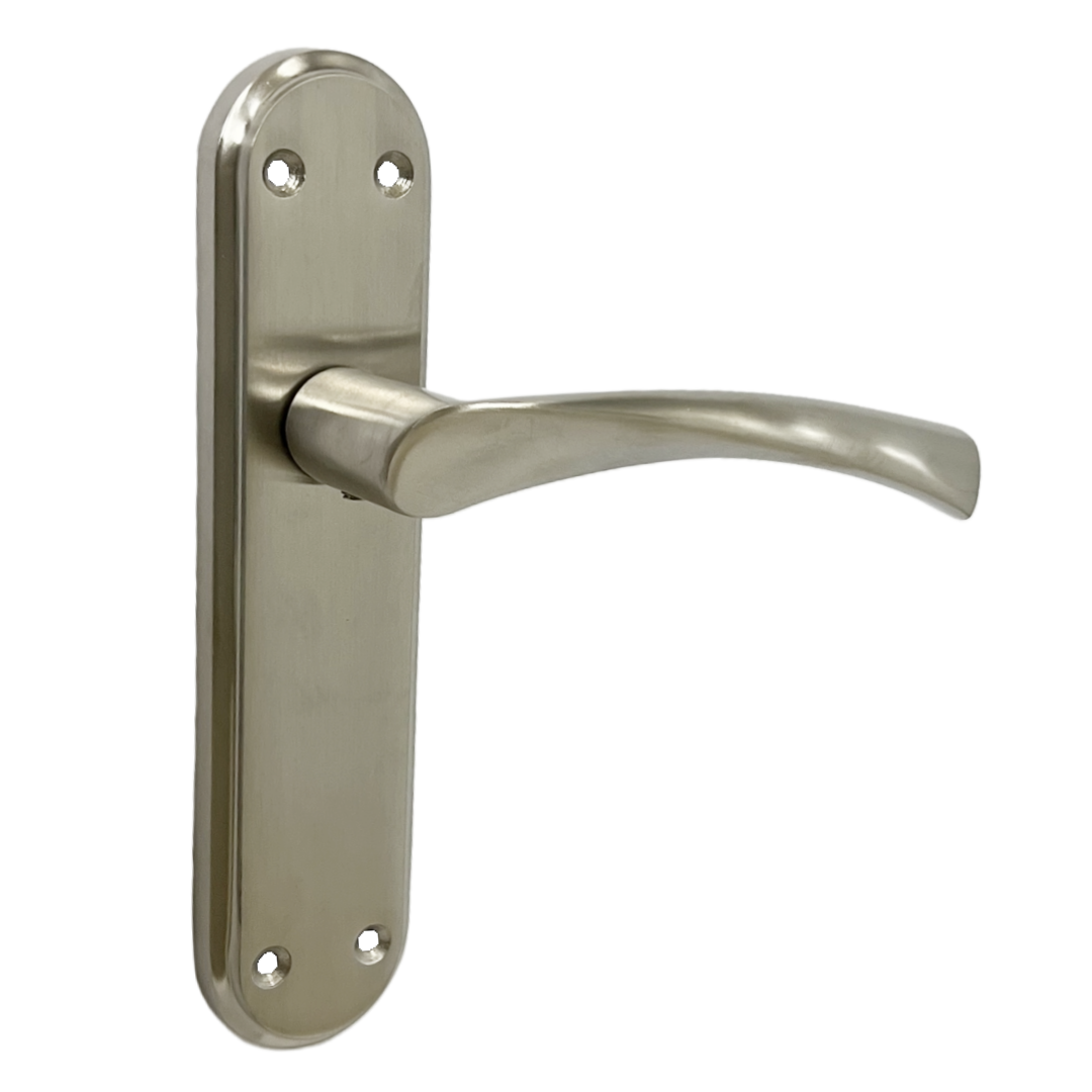 Genova Door Handles Satin Twist Lever Latch on Modern Marina Backplate