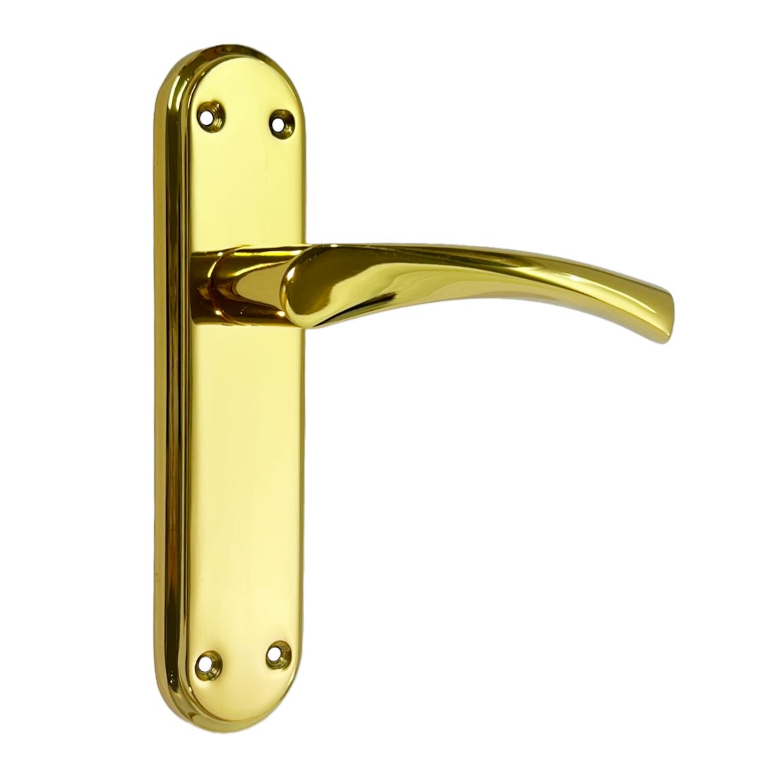 Genova Door Handles Polished Brass Twist Lever Latch on Modern Marina Backplate