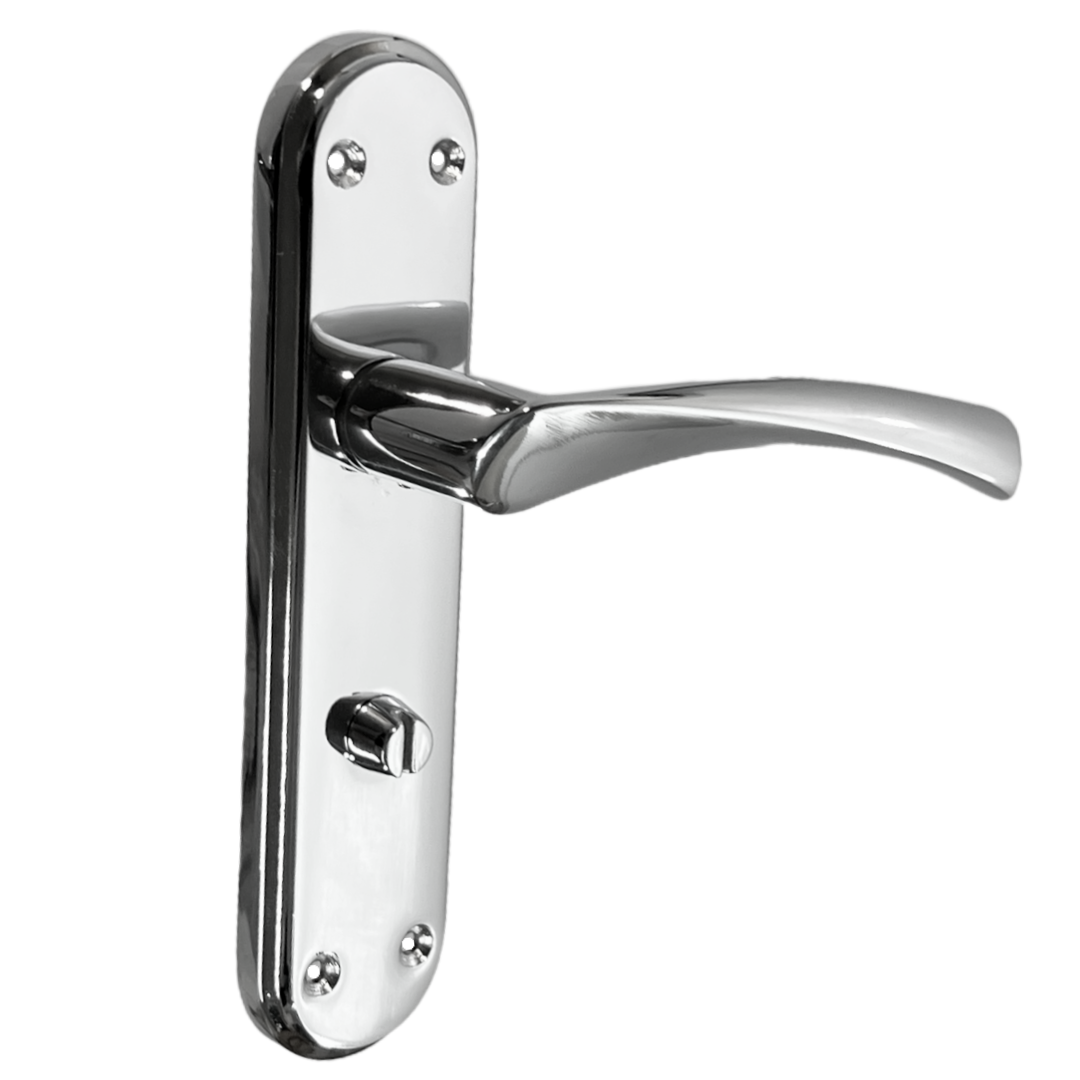 Genova Door Handles Polished Chrome Twist Lever Bathroom Lock on Modern Marina Backplate