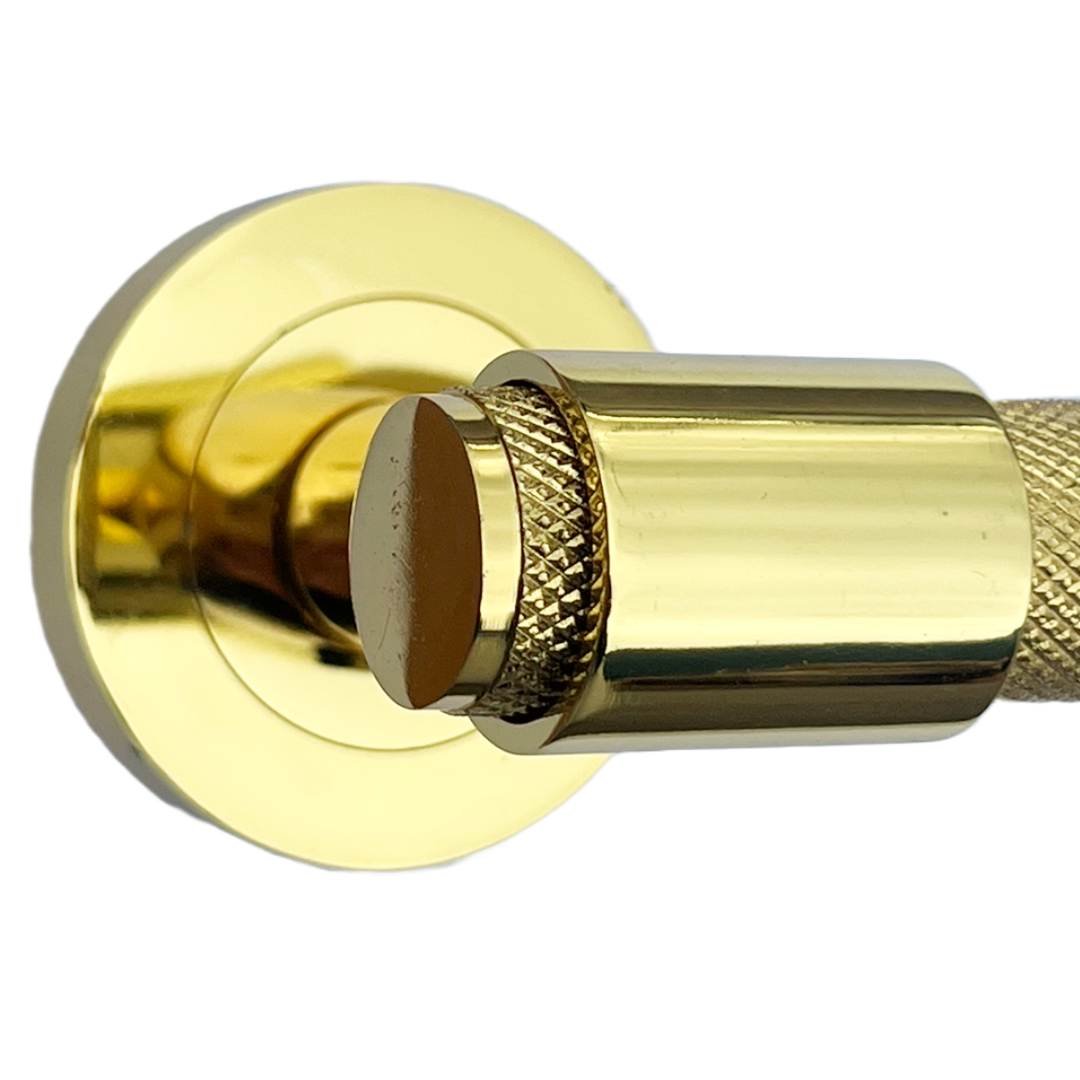 Knurled Door Handles Polished Brass Loop & Neck Lever on Round Rose Latch Handle Luxe