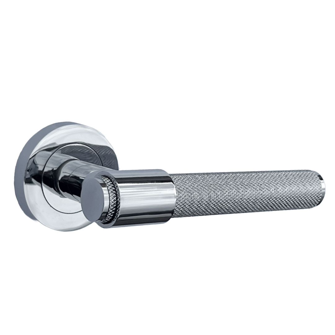 Knurled Door Handles Polished Chrome Loop & Neck Lever on Round Rose Latch Handle Luxe