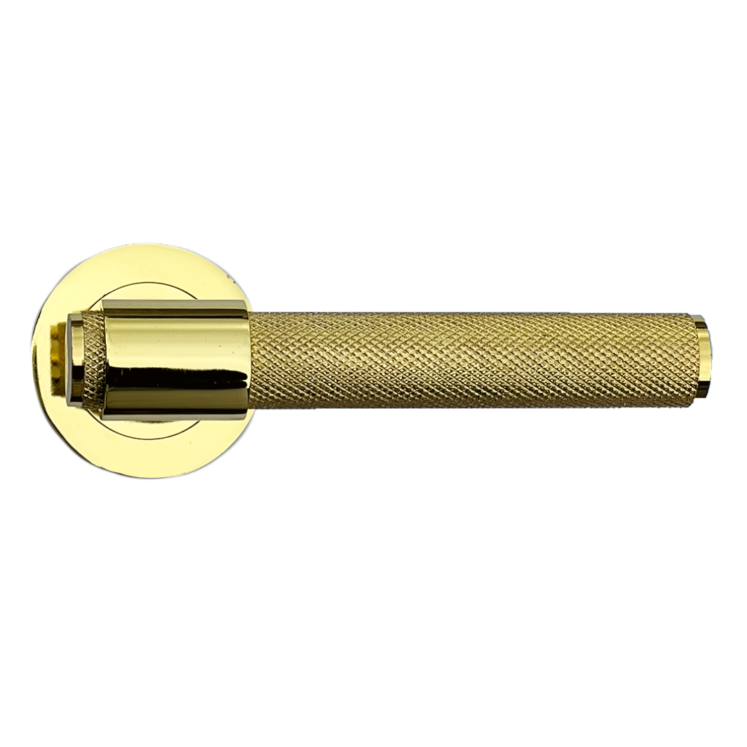 Knurled Door Handles Polished Brass Loop & Neck Lever on Round Rose Latch Handle Luxe