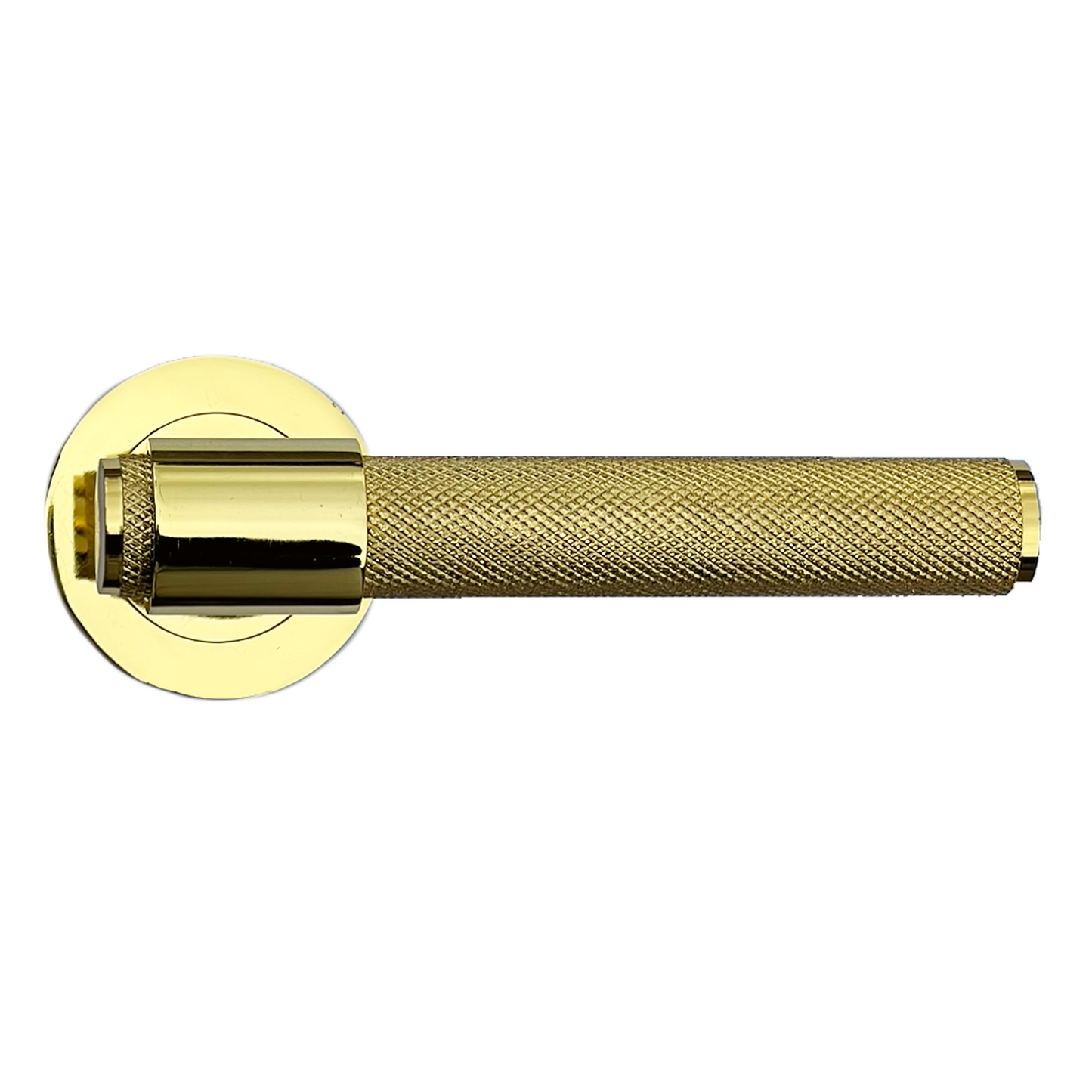 Knurled Door Handles Polished Brass Loop & Neck Lever on Rose Key Lock Set