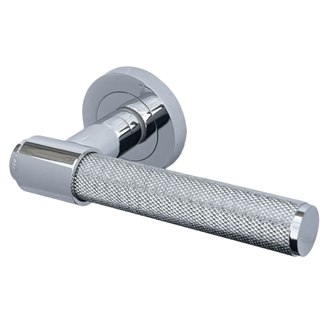 Knurled Door Handles Polished Chrome Loop & Neck Lever on Round Rose Latch Handle Luxe