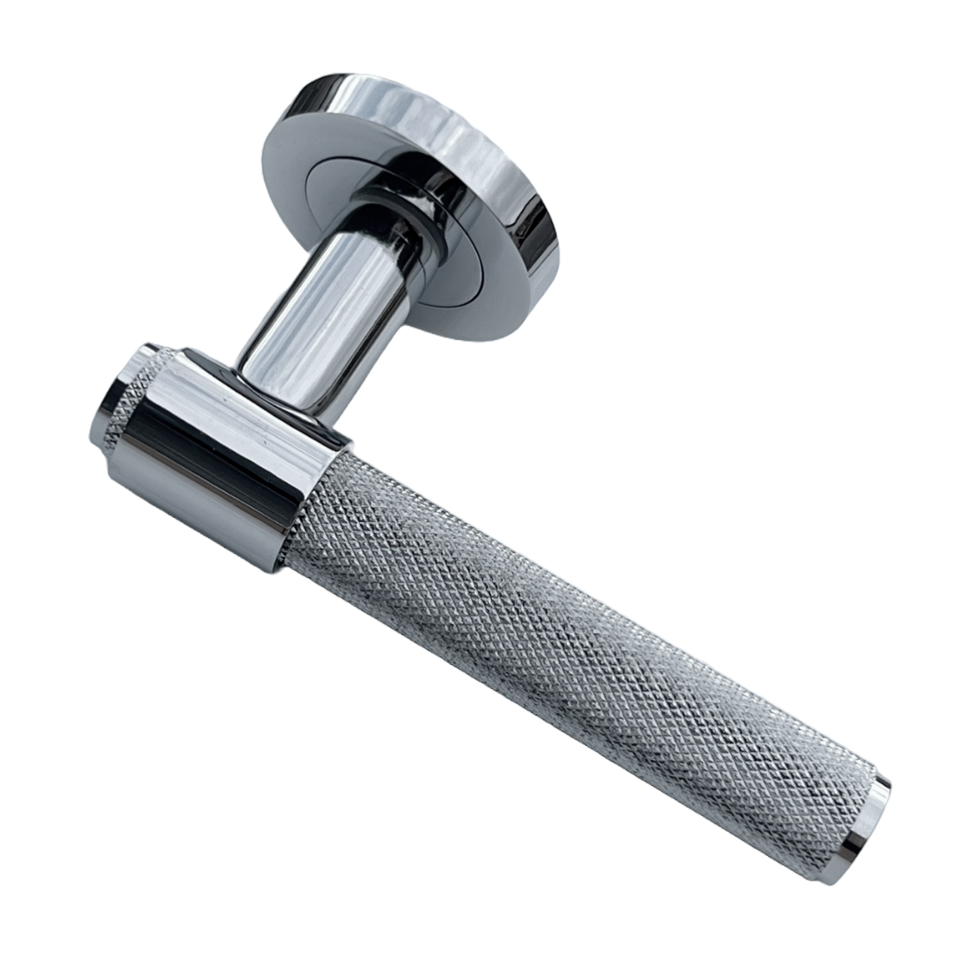 Knurled Door Handles Polished Chrome Loop & Neck Lever on Round Rose Latch Handle Luxe