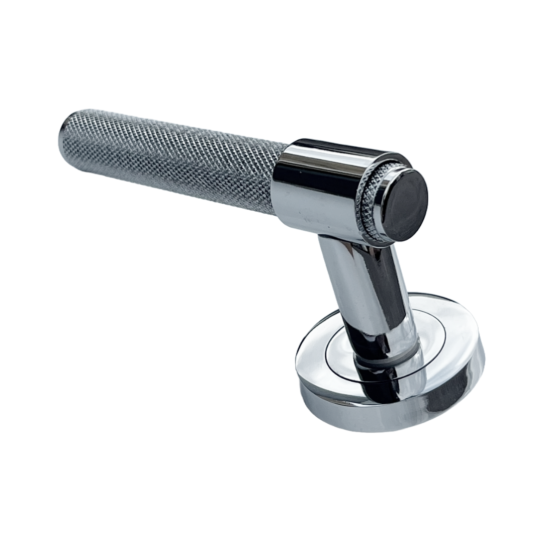 Knurled Door Handles Polished Chrome Loop & Neck Lever on Round Rose Latch Handle Luxe