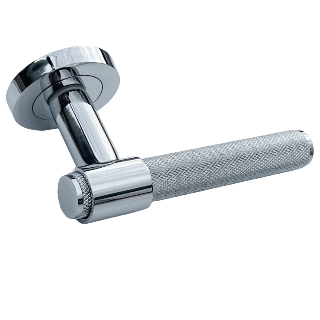 Knurled Door Handles Polished Chrome Loop & Neck Lever on Round Rose Latch Handle Luxe