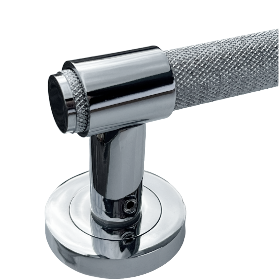 Knurled Door Handles Polished Chrome Loop & Neck Lever on Round Rose Latch Handle Luxe