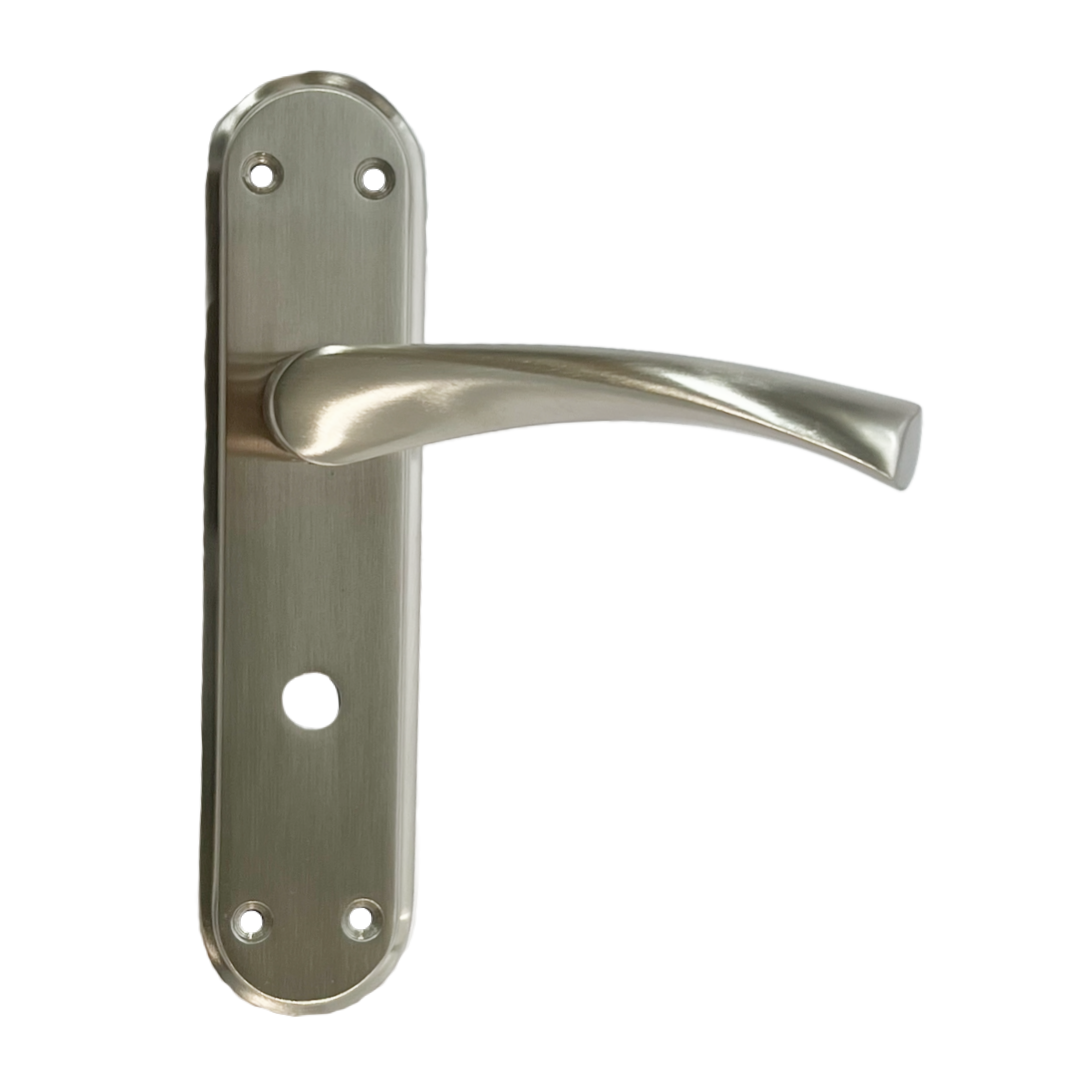 Genova Door Handles Satin Twist Lever Bathroom Lock on Modern Marina Backplate