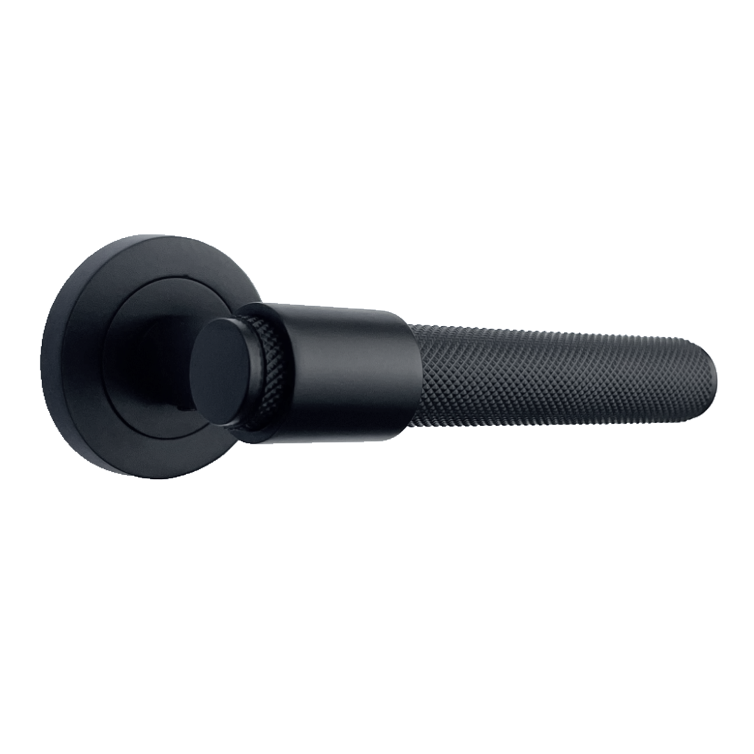 Knurled Door Handles Matt Black Loop & Neck Lever on Round Rose Latch Handle Luxe