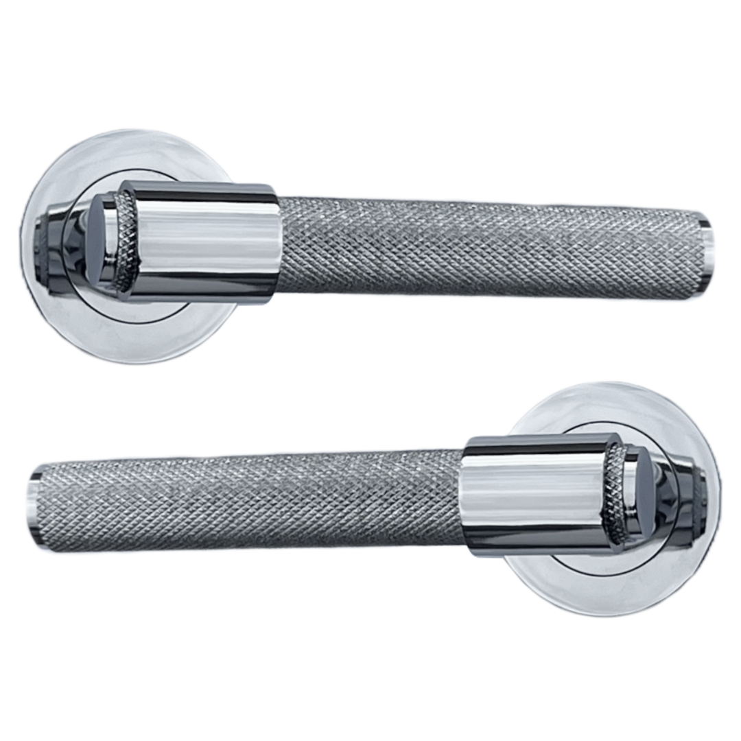 Knurled Door Handles Polished Chrome Loop & Neck Lever on Round Rose Latch Handle Luxe