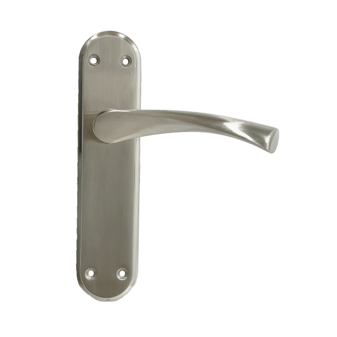 Genova Door Handles Satin Twist Lever Latch on Modern Marina Backplate