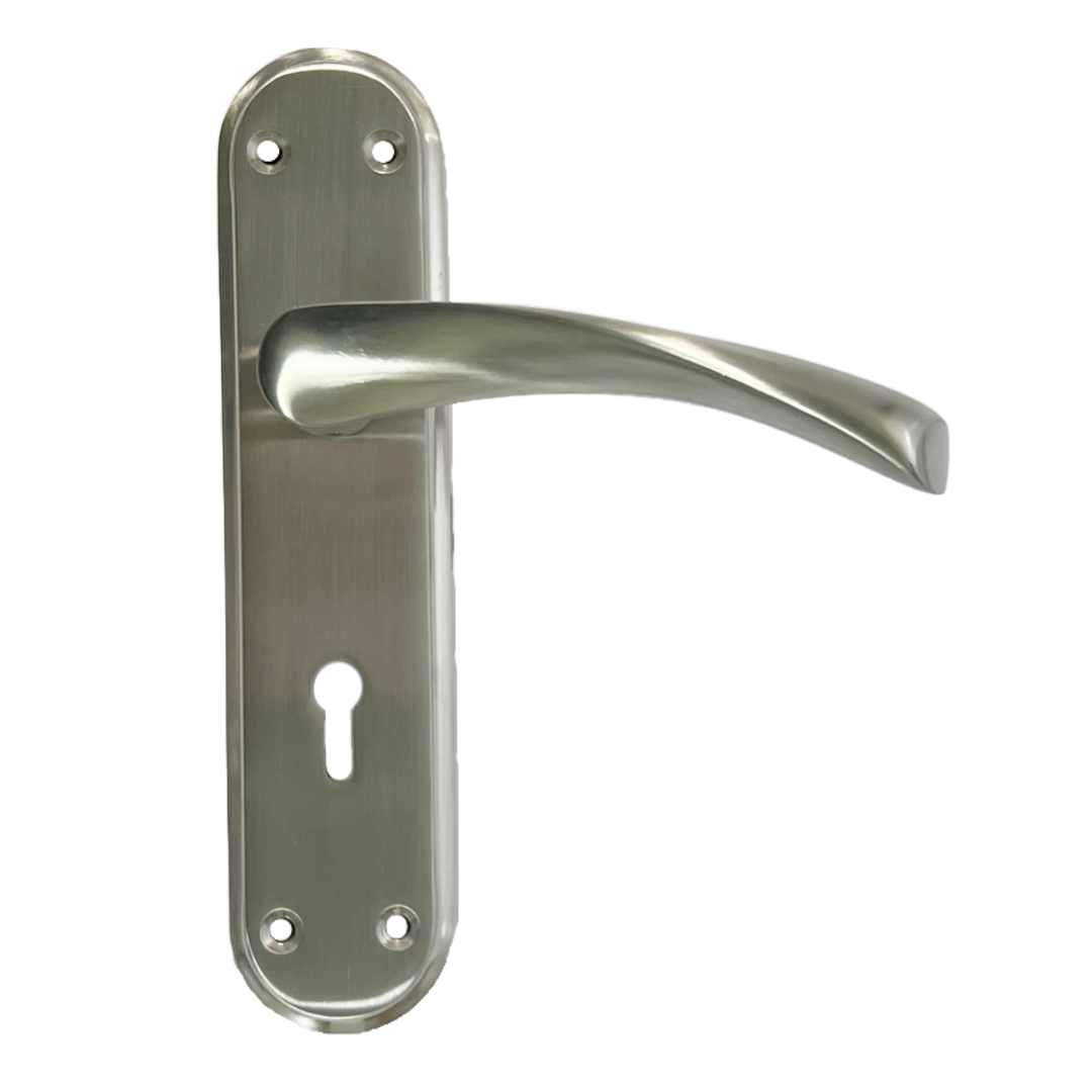 Genova Door Handles Satin Twist Lever Lock on Modern Marina Backplate