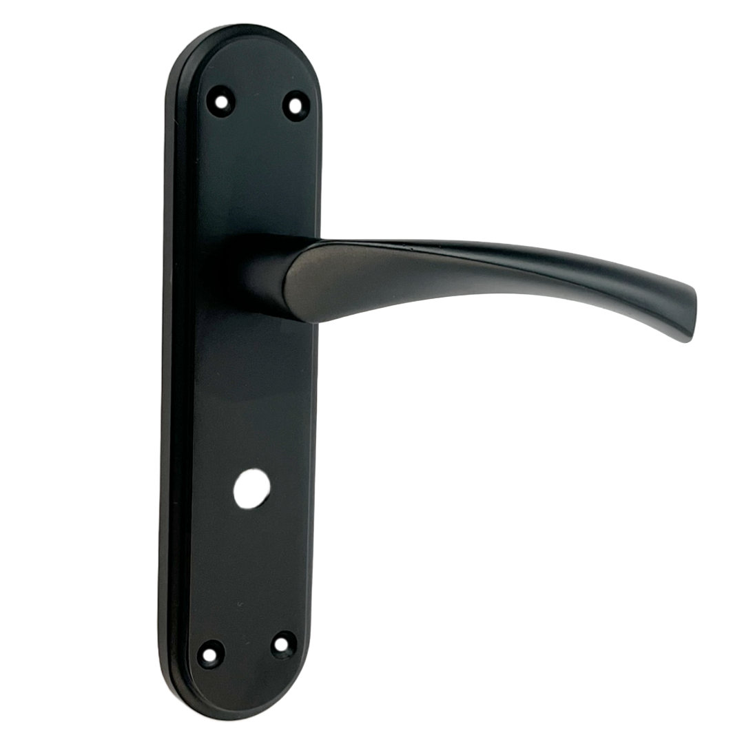 Genova Door Handles Matt Black Twist Lever Bathroom Lock on Modern Marina Backplate