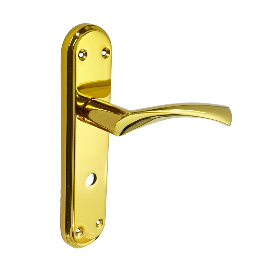 Genova Door Handles Polished Brass Twist Lever Bathroom Lock on Modern Marina Backplate