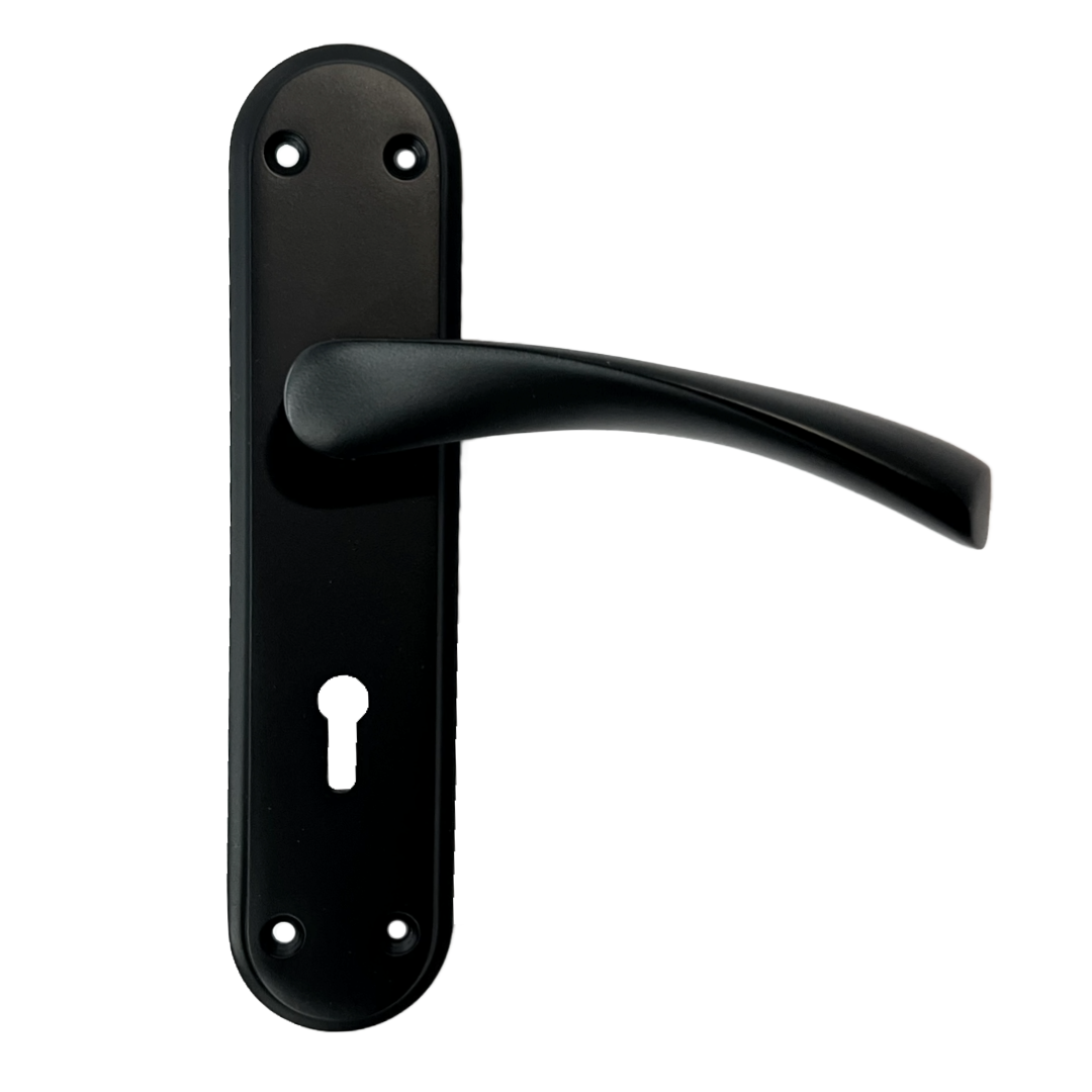 Genova Door Handles Matt Black Twist Lever Lock on Modern Marina Backplate