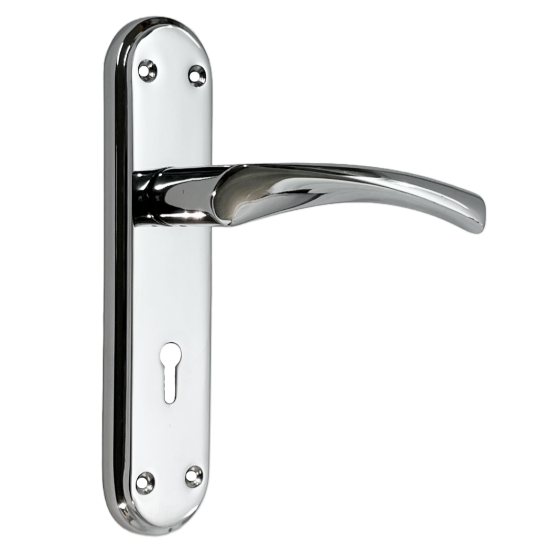 Genova Door Handles Polished Chrome Twist Lever Lock on Modern Marina Backplate