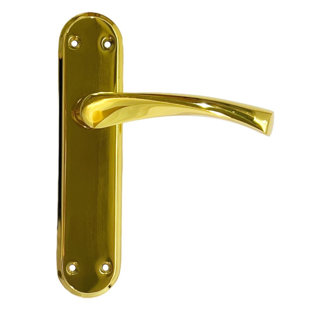 Genova Door Handles Polished Brass Twist Lever Latch on Modern Marina Backplate