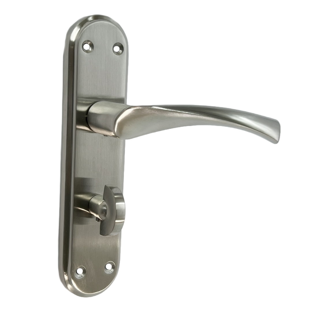 Genova Door Handles Satin Twist Lever Bathroom Lock on Modern Marina Backplate
