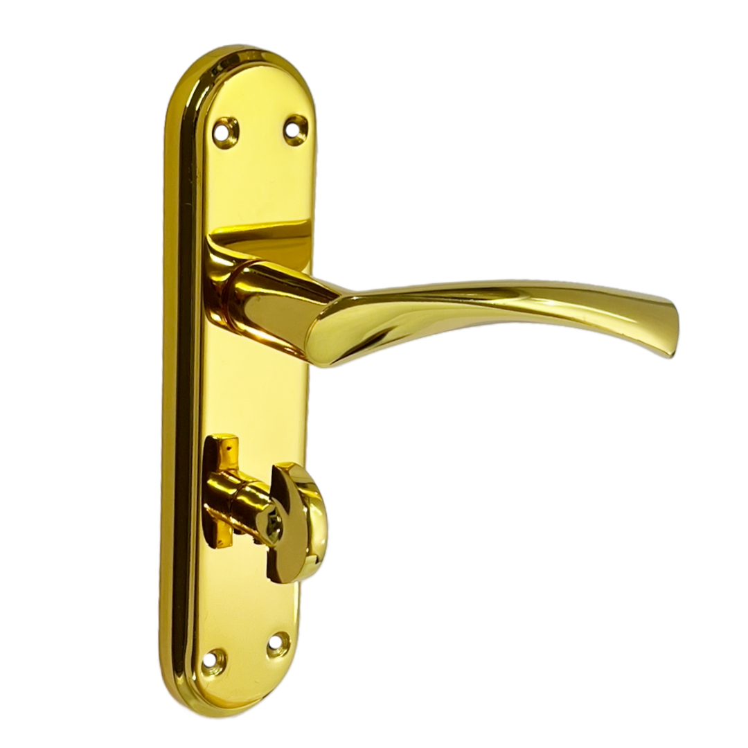 Genova Door Handles Polished Brass Twist Lever Bathroom Lock on Modern Marina Backplate