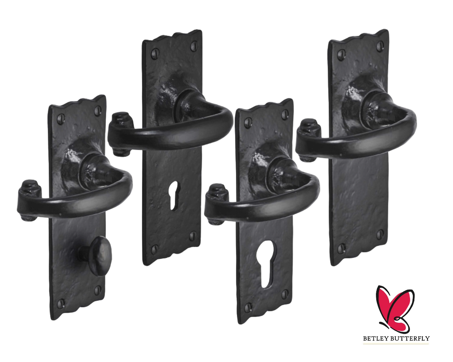 Iron Door Handles Black 158 x 55mm Antique Vintage Cottage Lever Lock Euro Bath Handle