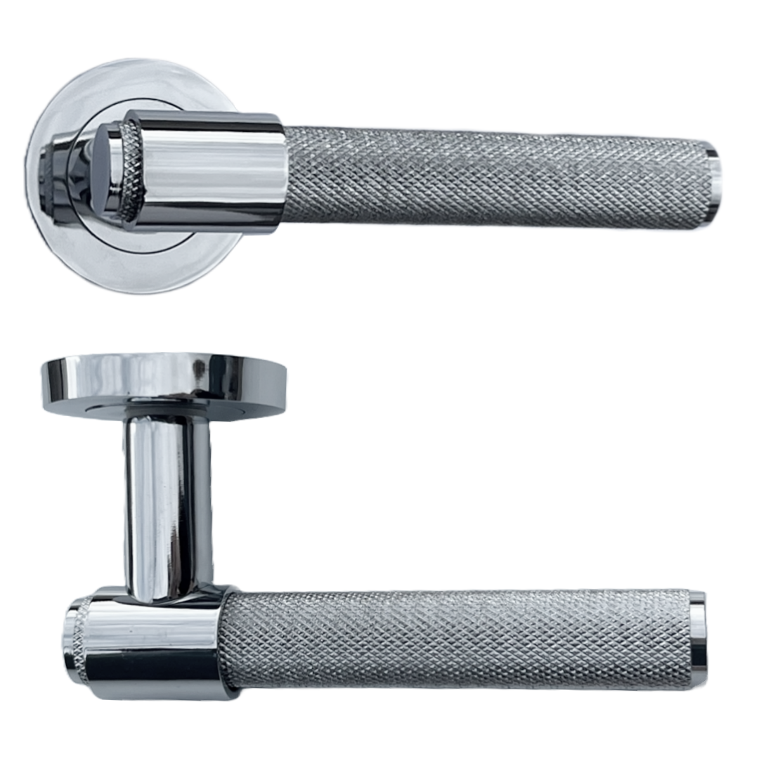 Knurled Door Handles Polished Chrome Loop & Neck Lever on Round Rose Latch Handle Luxe