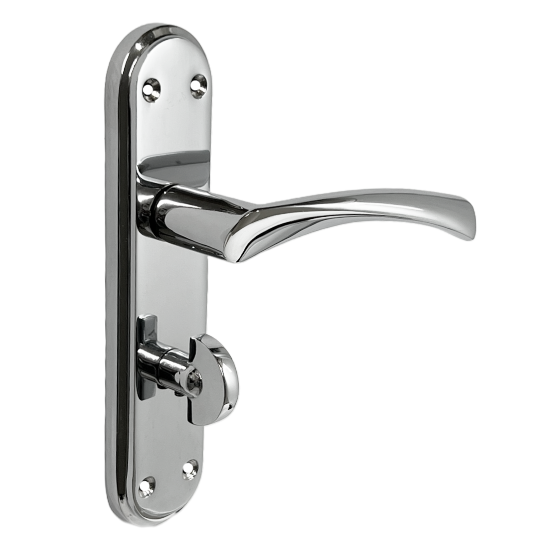 Genova Door Handles Polished Chrome Twist Lever Bathroom Lock on Modern Marina Backplate