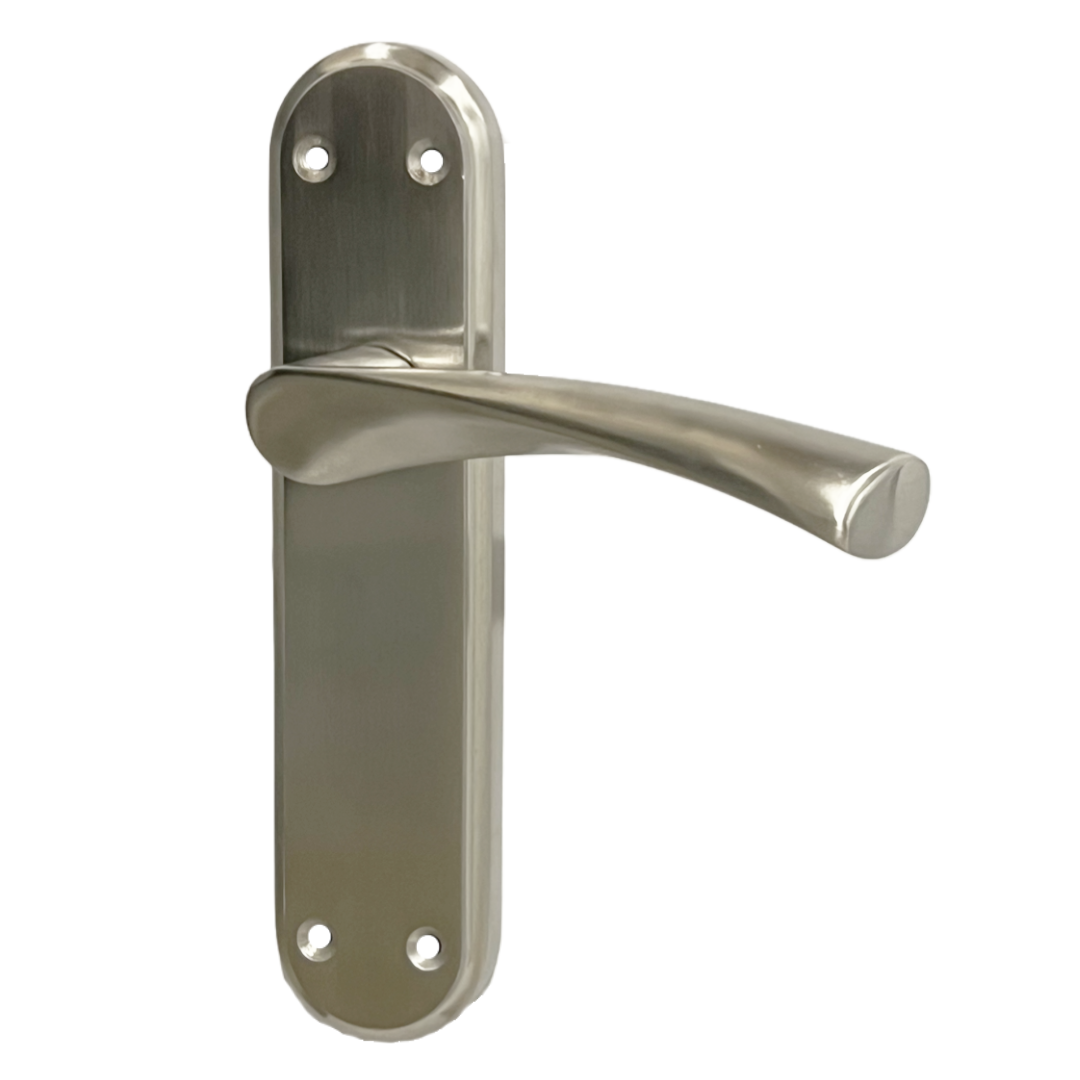 Genova Door Handles Satin Twist Lever Latch on Modern Marina Backplate