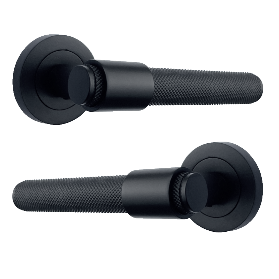 Knurled Door Handles Matt Black Loop & Neck Lever on Round Rose Latch Handle Luxe