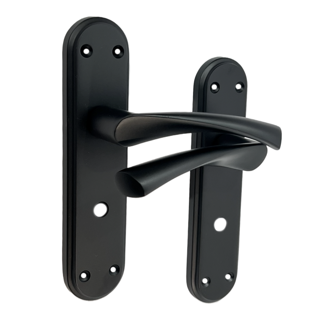 Genova Door Handles Matt Black Twist Lever Bathroom Lock on Modern Marina Backplate