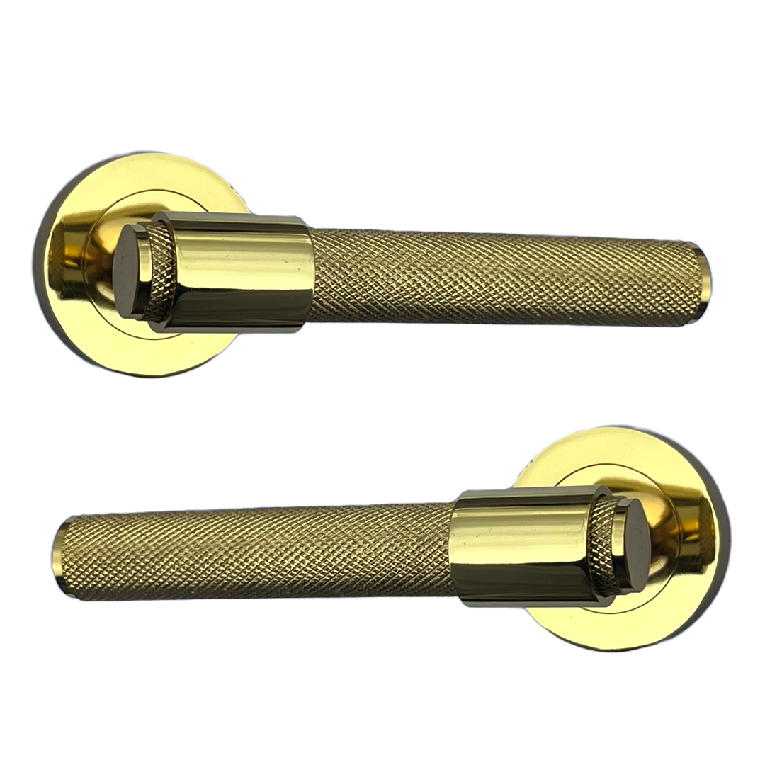 Knurled Door Handles Polished Brass Loop & Neck Lever on Round Rose Latch Handle Luxe