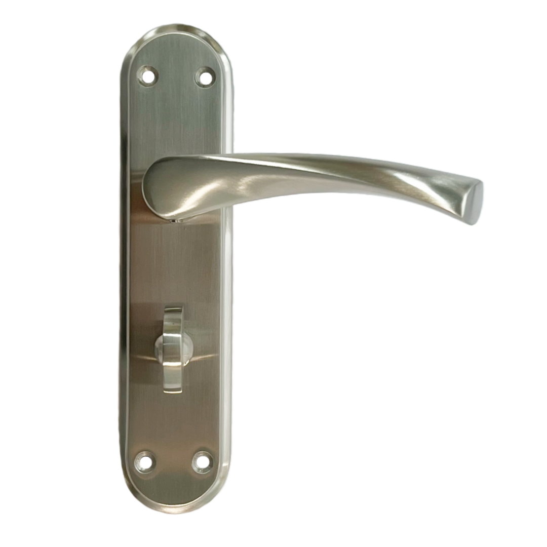 Genova Door Handles Satin Twist Lever Bathroom Lock on Modern Marina Backplate