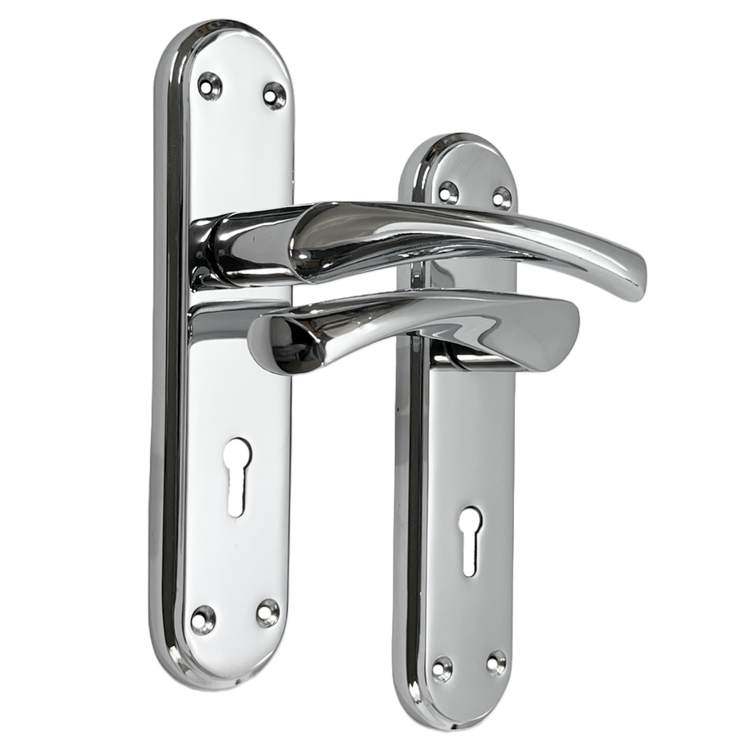 Genova Door Handles Polished Chrome Twist Lever Lock on Modern Marina Backplate
