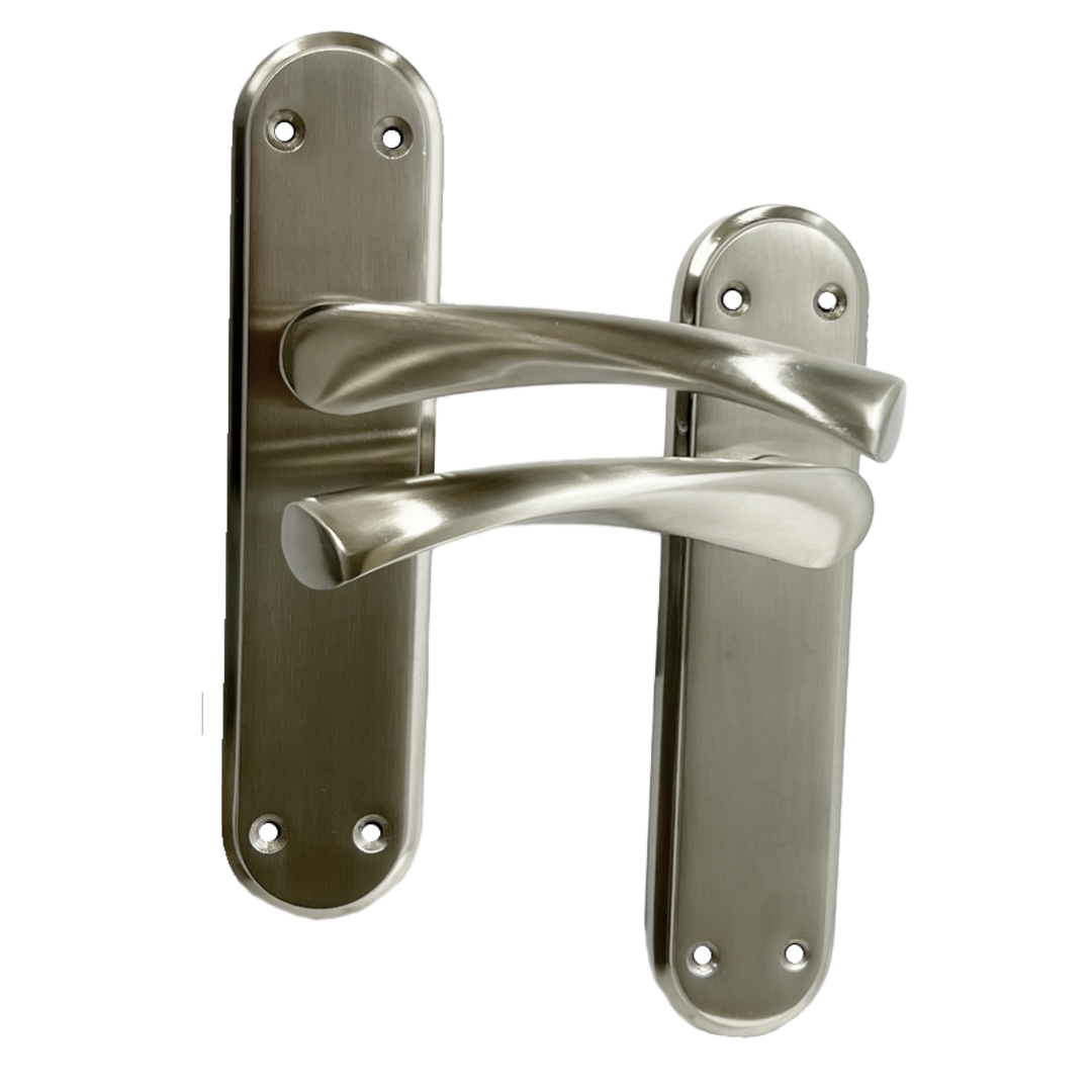 Genova Door Handles Satin Twist Lever Latch on Modern Marina Backplate