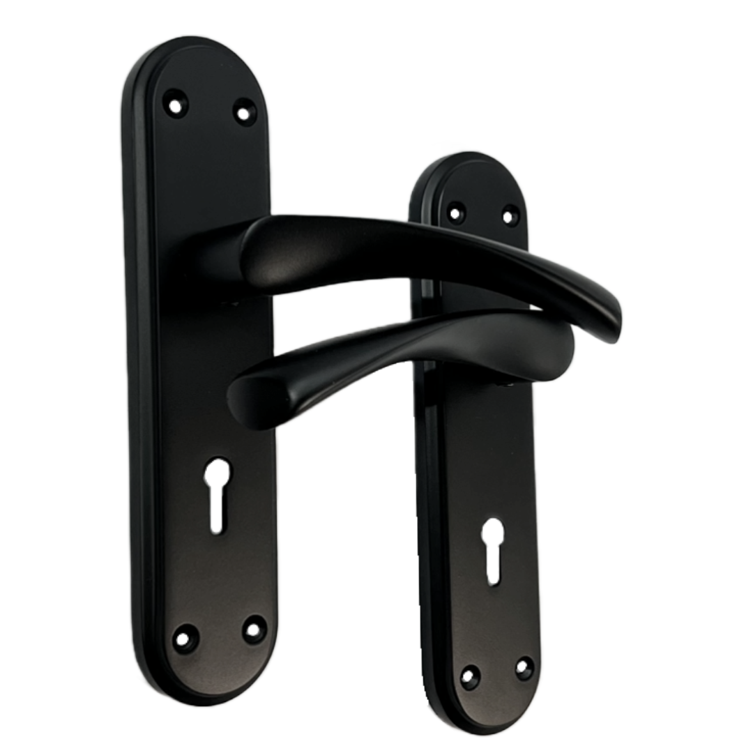 Genova Door Handles Matt Black Twist Lever Lock on Modern Marina Backplate