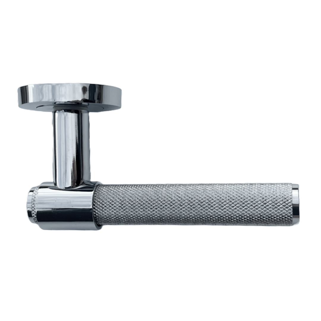 Knurled Door Handles Polished Chrome Loop & Neck Lever on Round Rose Latch Handle Luxe