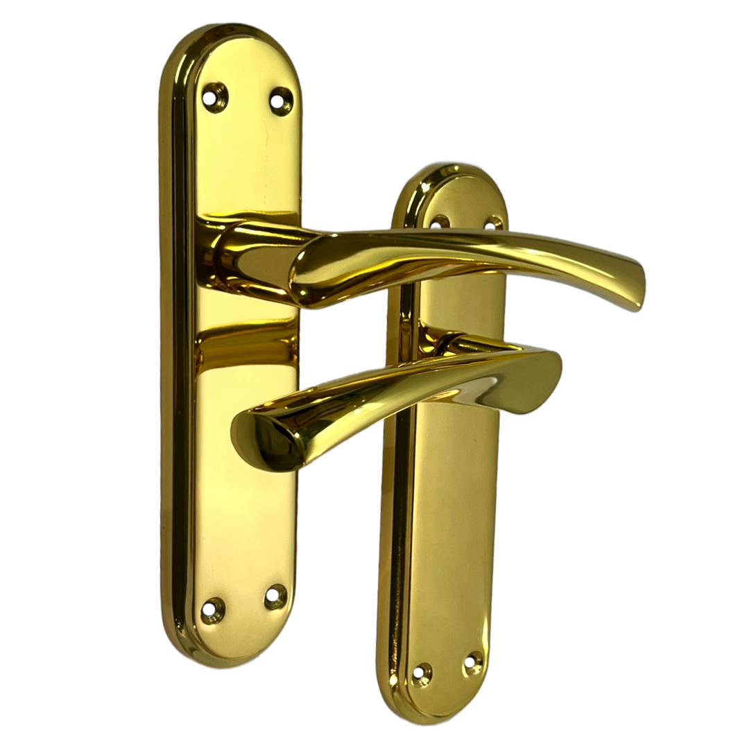 Genova Door Handles Polished Brass Twist Lever Latch on Modern Marina Backplate