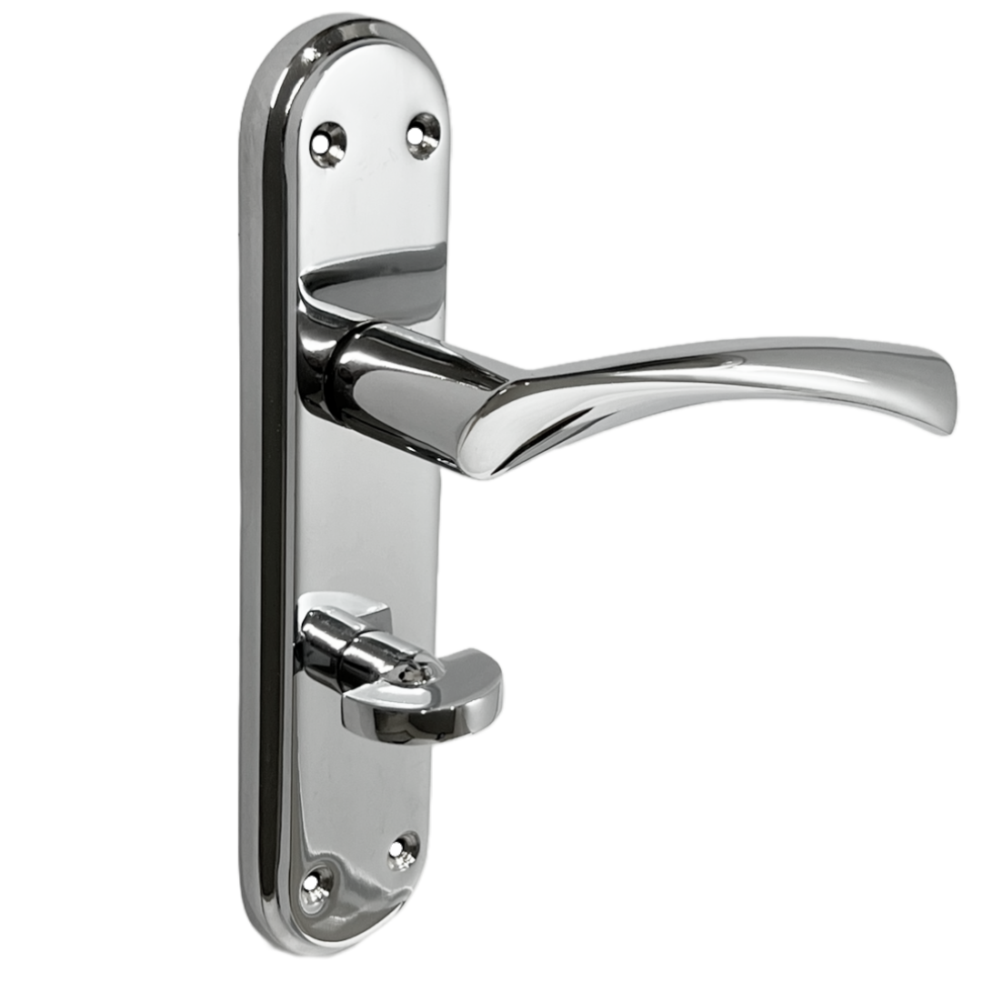 Genova Door Handles Polished Chrome Twist Lever Bathroom Lock on Modern Marina Backplate