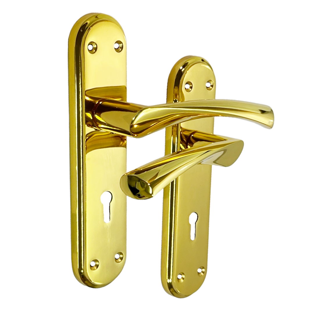 Genova Door Handles Polished Brass Twist Lever Lock on Modern Marina Backplate