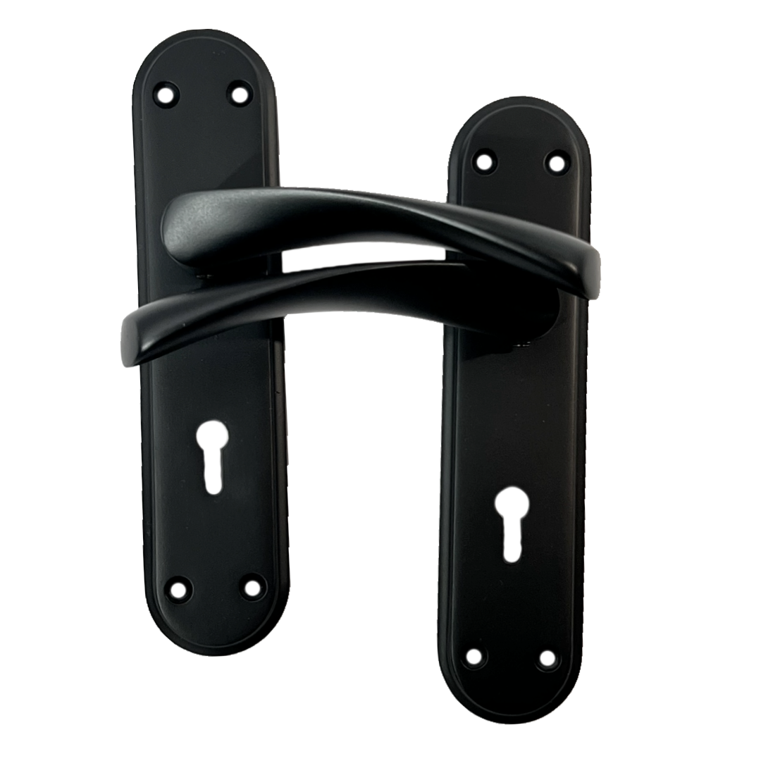 Genova Door Handles Matt Black Twist Lever Lock on Modern Marina Backplate