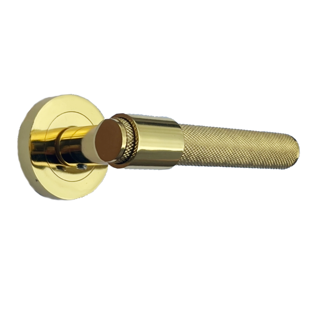 Knurled Door Handles Polished Brass Loop & Neck Lever on Round Rose Latch Handle Luxe