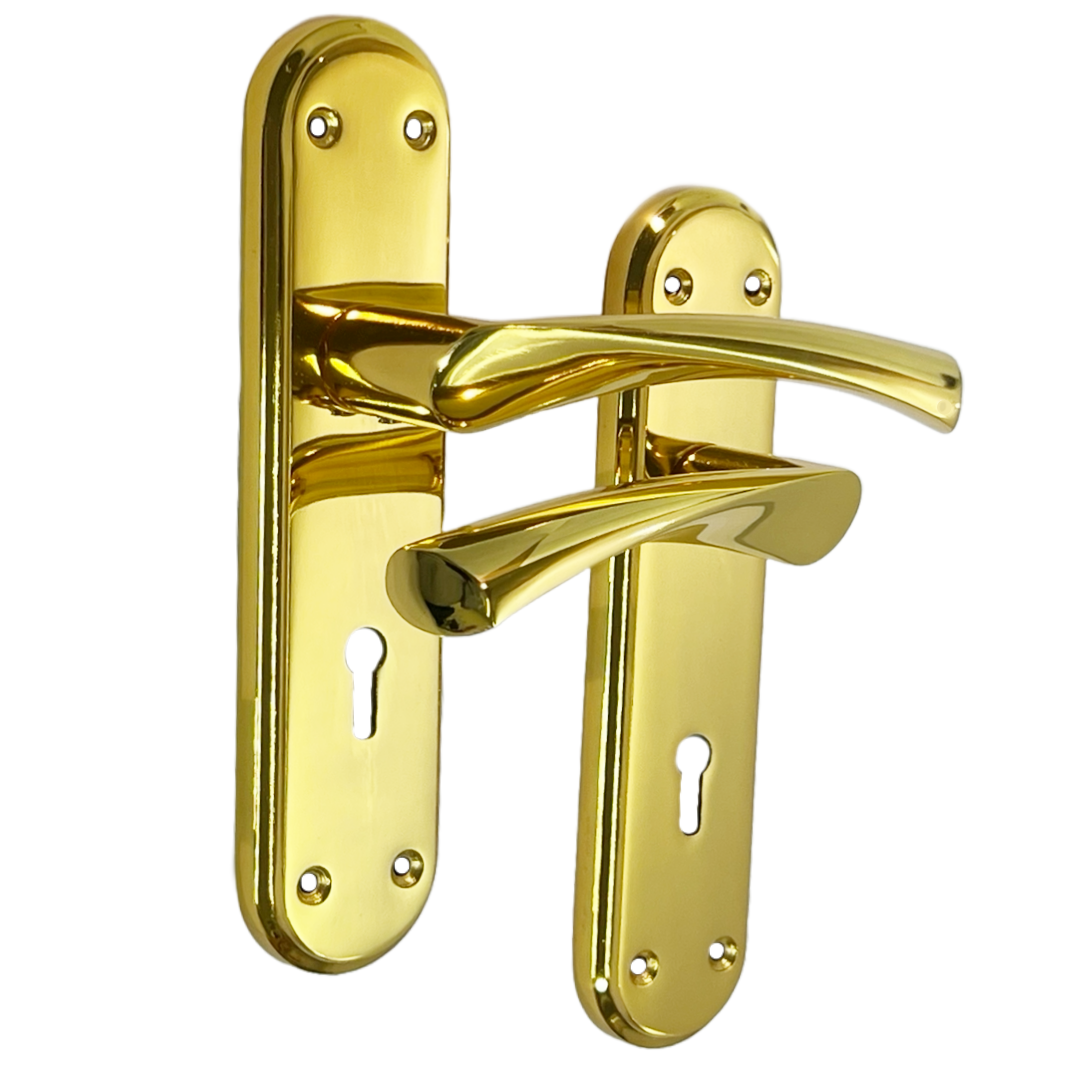 Genova Door Handles Polished Brass Twist Lever Lock on Modern Marina Backplate