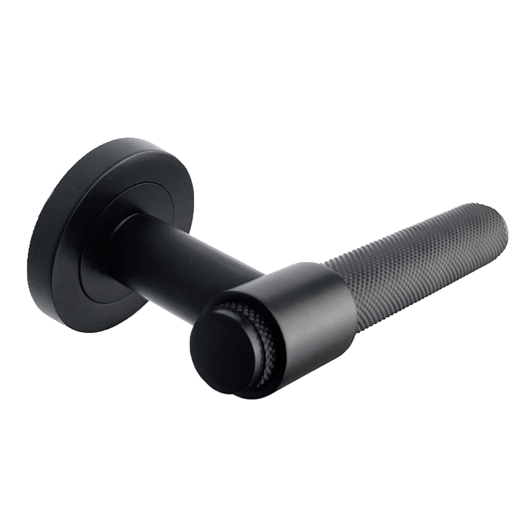 Knurled Door Handles Matt Black Loop & Neck Lever on Round Rose Latch Handle Luxe