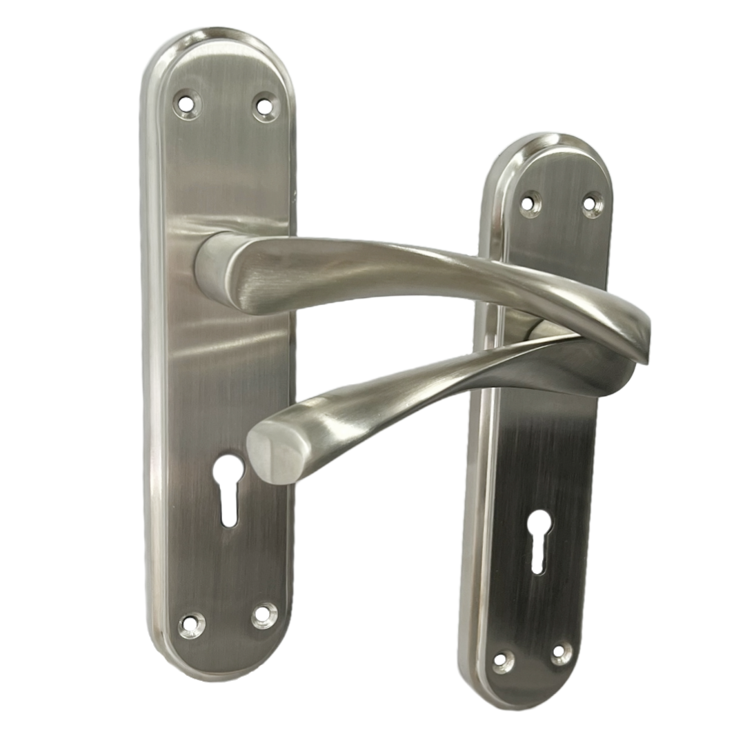 Genova Door Handles Satin Twist Lever Lock on Modern Marina Backplate