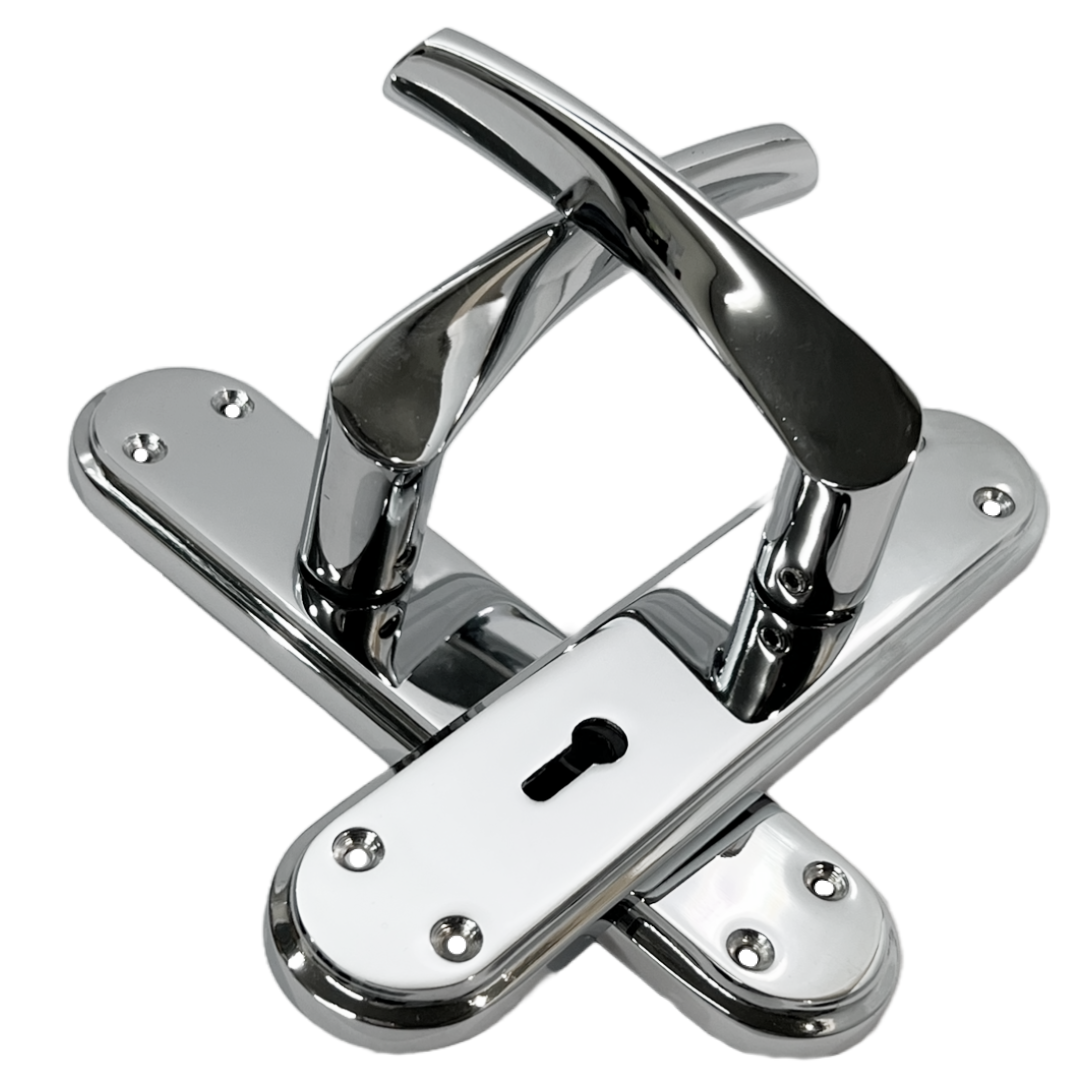 Genova Door Handles Polished Chrome Twist Lever Lock on Modern Marina Backplate